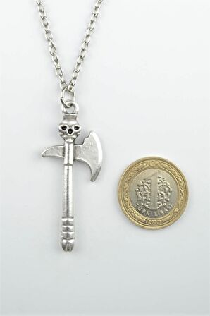 Skull One Axe Kuru Kafa Erkek Kadın Kolye Antik Gümüş Kaplama - 60 cm Düz Zincir