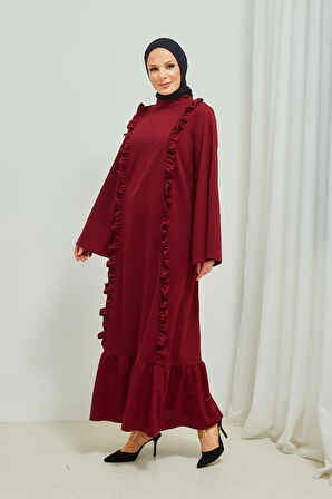 Fırfır Detaylı Tesettür Elbise Abaya BRC11M01 Bordo