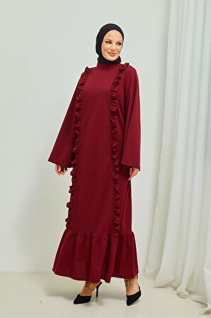 Fırfır Detaylı Tesettür Elbise Abaya BRC11M01 Bordo