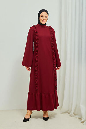 Fırfır Detaylı Tesettür Elbise Abaya BRC11M01 Bordo