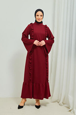 Fırfır Detaylı Tesettür Elbise Abaya BRC11M01 Bordo