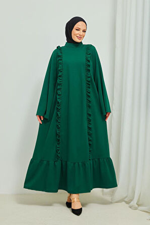 Fırfır Detaylı Tesettür Elbise Abaya BRC11M01 Zümrüt