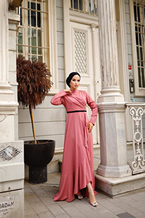 Eteği Fırfırlı Kadın  Abiye Elbise BRC1109 Gül kurusu