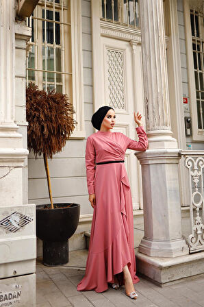 Eteği Fırfırlı Kadın  Abiye Elbise BRC1109 Gül kurusu