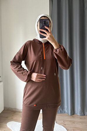 Neon Fermuarlı Kapüşonlu Eşofman Takımı TRN2040-1 Kahve