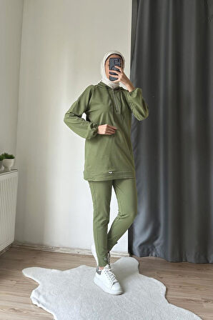Neon Fermuarlı Kapüşonlu Eşofman Takımı TRN2040-1 Haki