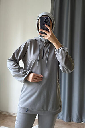 Neon Fermuarlı Kapüşonlu Eşofman Takımı TRN2040-1 Gri