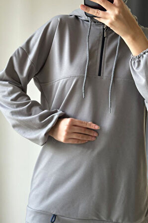 Neon Fermuarlı Kapüşonlu Eşofman Takımı TRN2040-1 Gri