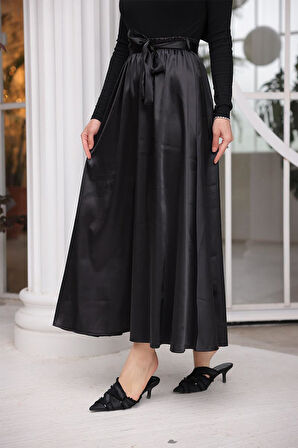 Kuşak Detaylı Saten Etek BRC1506 Siyah