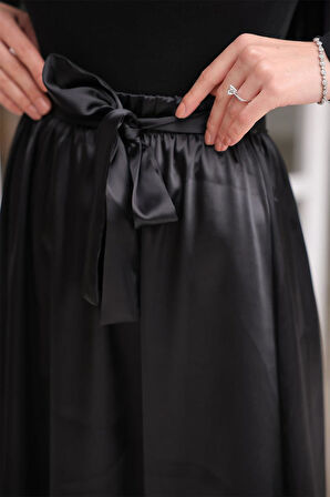 Kuşak Detaylı Saten Etek BRC1506 Siyah