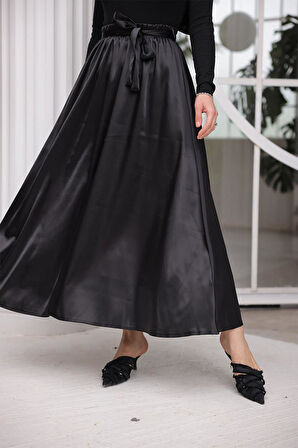 Kuşak Detaylı Saten Etek BRC1506 Siyah