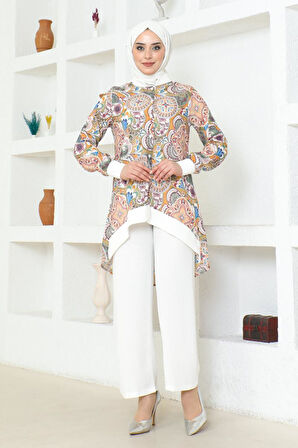 Etnik Desenli Tesettür Takım BRC1313 EKRU