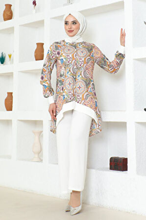 Etnik Desenli Tesettür Takım BRC1313 EKRU