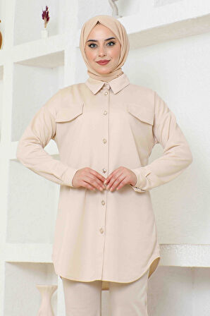 Kadın Cep Detayli İkili Takım BRC1310 KREM