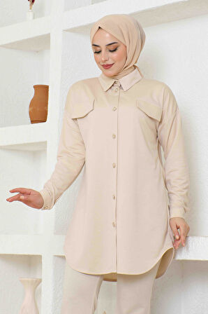 Kadın Cep Detayli İkili Takım BRC1310 KREM