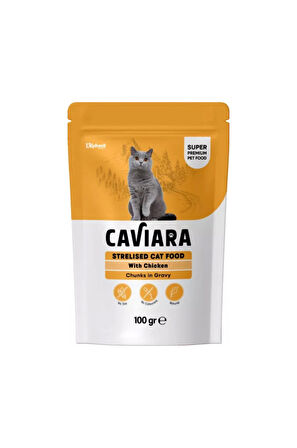 Caviara Pouch Sos Içinde Et Parçacıklı Tavuklu Kısır Kedi Pouch Islak Maması 100 gr
