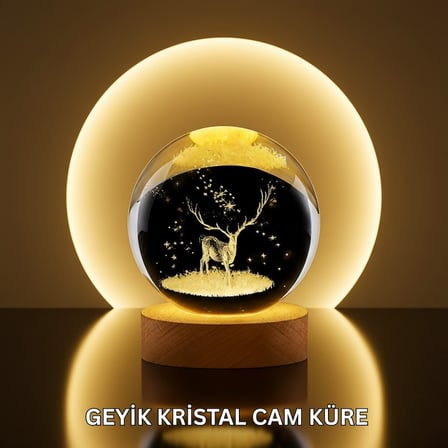 Doğal Ahşap Standlı Geyik Figürlü Kristal Küre LED Dekoratif Lamba