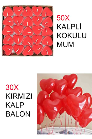 50 Ad. Kırmızı Kalpli Tealight Mum Ve 30 Ad. Kırmızı Kalp Balon Evlilik Teklifi Yıldönümü Özel Gün