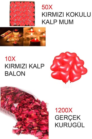 50 Kalpli Mum Ve 15 Ad. Parlak Balon 1200 Yaprak Kurutulmuş Gül Mum Evlilik Teklifi Özel Gün Sevgili