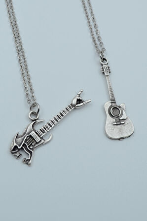 2'li Kuru Kafa Elektro Gitar Akustik Klasik Gitar Gümüş Kaplama Kolye Seti