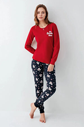 %100 Pamuklu Anne & Kız Çocuk Baskılı Kırmızı İkili Pijama Takımı L1.RP.367.8.002