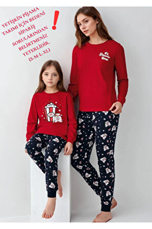 %100 Pamuklu Anne & Kız Çocuk Baskılı Kırmızı İkili Pijama Takımı L1.RP.367.8.002