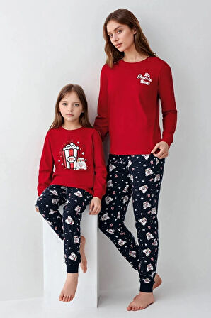%100 Pamuklu Anne & Kız Çocuk Baskılı Kırmızı İkili Pijama Takımı L1.RP.367.8.002