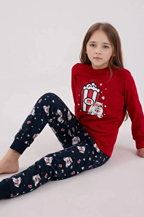 %100 Pamuklu Anne & Kız Çocuk Baskılı Kırmızı İkili Pijama Takımı L1.RP.367.8.002
