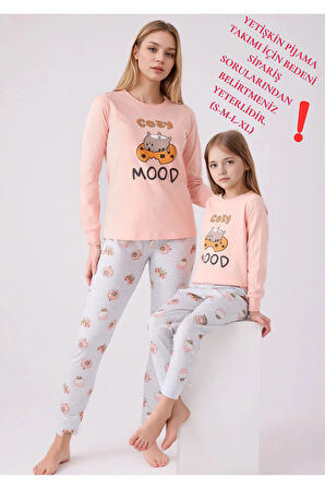 %100 Pamuklu Anne & Kız Çocuk Baskılı Turuncu İkili Pijama Takımı L1.RP.346.7.002