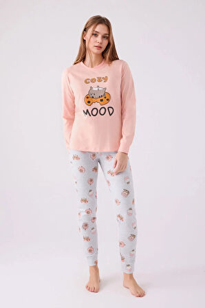 %100 Pamuklu Anne & Kız Çocuk Baskılı Turuncu İkili Pijama Takımı L1.RP.346.7.002