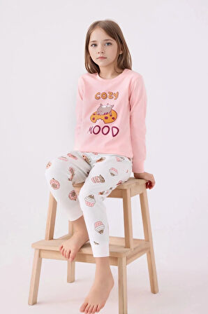 %100 Pamuklu Anne & Kız Çocuk Baskılı Turuncu İkili Pijama Takımı L1.RP.346.7.002