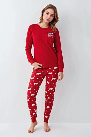 %100 Pamuklu Anne & Kız Çocuk Baskılı Kırmızı İkili Pijama Takımı L1.RP.371.7.002