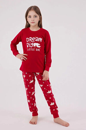 %100 Pamuklu Anne & Kız Çocuk Baskılı Kırmızı İkili Pijama Takımı L1.RP.371.7.002