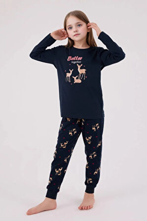 %100 Pamuklu Anne & Kız Çocuk Baskılı Lacivert İkili Pijama Takımı L1.AR.345.0.002