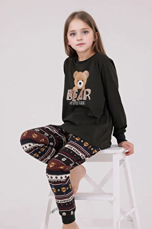 %100 Pamuklu Anne & Kız Çocuk Baskılı Antrasit İkili Pijama Takımı L1.AR.346.1.002