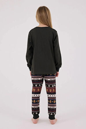 %100 Pamuklu Anne & Kız Çocuk Baskılı Antrasit İkili Pijama Takımı L1.AR.346.1.002