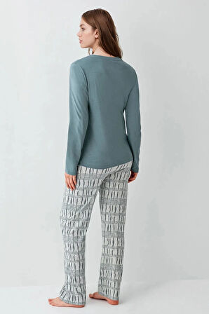 Kadın Giyim %100 Pamuklu Uzun Kol Yeşil Pijama Takımı L1.AR.340.6.001