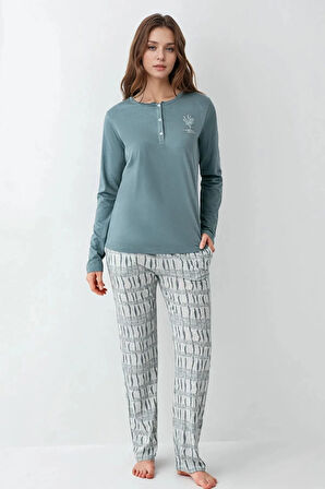 Kadın Giyim %100 Pamuklu Uzun Kol Yeşil Pijama Takımı L1.AR.340.6.001