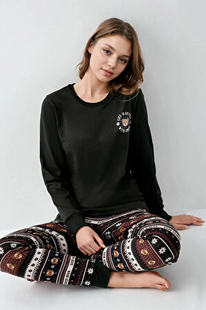 Kadın Giyim %100 Pamuk Bisiklet Yaka Antrasit Pijama Takımı L1.AR.346.1.001