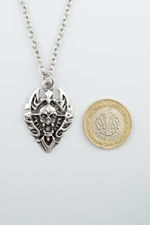 Diablo - Şeytan - Kalkan Erkek Kadın Kolye Antik Gümüş Kaplama - 60 cm Düz Zincir