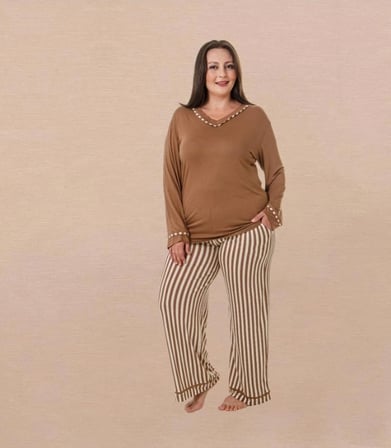 Çizgili Latte Büyük Beden Pijama Takımı