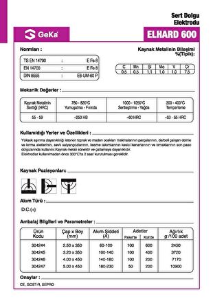 GeKa ELHARD 600 Sert Dolgu Kaynak Elektrotu E6-UM-60 P - 3,20x350