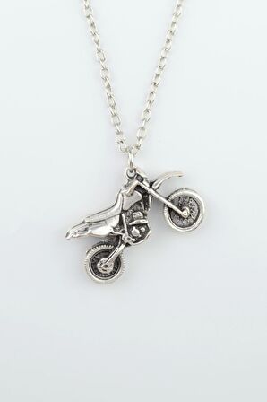 Cross Motor - Motosiklet Erkek Kadın Kolye Antik Gümüş Kaplama - 60 cm Düz Zincir