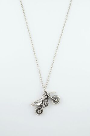 Cross Motor - Motosiklet Erkek Kadın Kolye Antik Gümüş Kaplama - 60 cm Düz Zincir