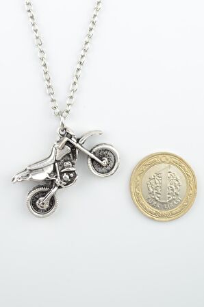 Cross Motor - Motosiklet Erkek Kadın Kolye Antik Gümüş Kaplama - 60 cm Düz Zincir