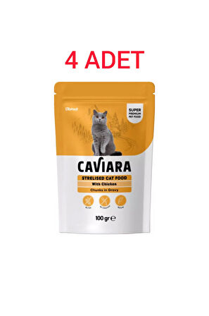 Caviara Pouch Sos Içinde Et Parçacıklı Tavuklu Kısır Kedi Pouch Islak Maması 100 gr X4