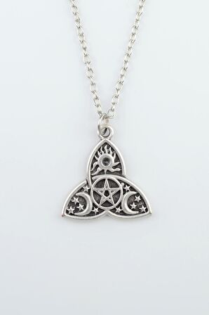 Triquetra - Güneş Ay Yıldız Pentagram Erkek Kadın Kolye Antik Gümüş Kaplama - 60 cm Düz Zincir