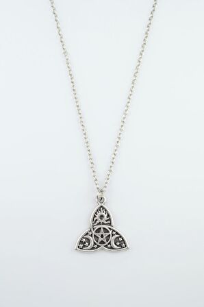 Triquetra - Güneş Ay Yıldız Pentagram Erkek Kadın Kolye Antik Gümüş Kaplama - 60 cm Düz Zincir