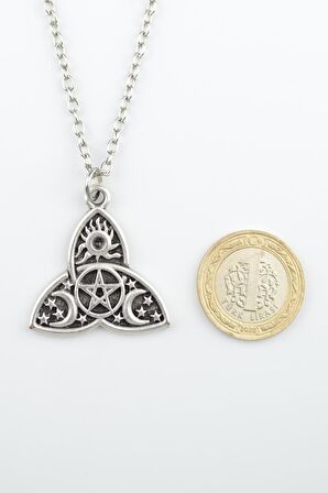 Triquetra - Güneş Ay Yıldız Pentagram Erkek Kadın Kolye Antik Gümüş Kaplama - 60 cm Düz Zincir