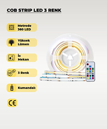 12V COB Şerit Led 3 Renk Işık  -Kumandalı- Metrede 360 Led - 5 Metre
